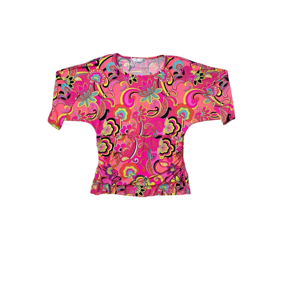Peter Nygard Pink Psychedelic Floral Batwing Sleeve Ruched Top Size L X131Y2800